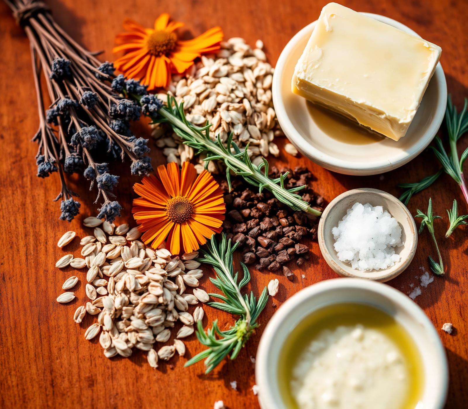 Ingredientes botânicos: lavanda, calêndula, aveia, manteiga de cacau, óleos e sal